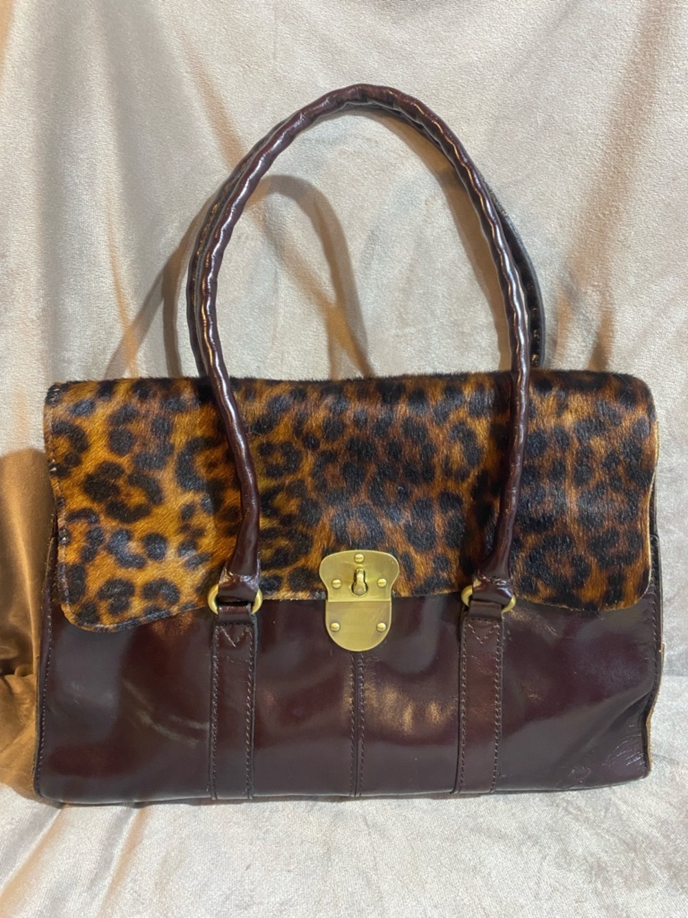 Patricia Nash Vienna Satchel Leather and Leopard Haircalf Tote Bag Dark Brown